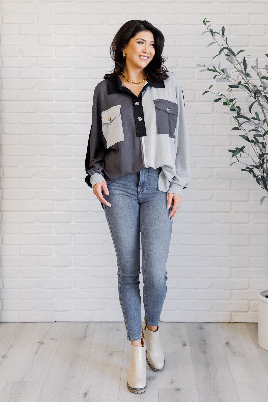 Chip Off the Old Colorblock V-Neck Henley in Grey-Tops-Ave Shops-[option4]-[option5]-[option6]-[option7]-[option8]-Shop-Boutique-Clothing-for-Women-Online