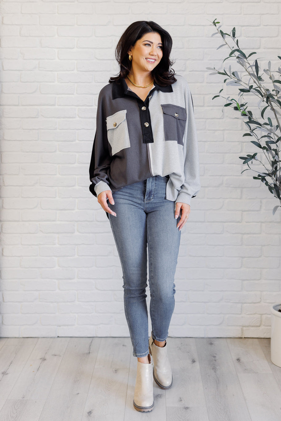 Chip Off the Old Colorblock V-Neck Henley in Grey-Tops-Ave Shops-[option4]-[option5]-[option6]-[option7]-[option8]-Shop-Boutique-Clothing-for-Women-Online