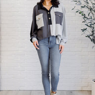 Chip Off the Old Colorblock V-Neck Henley in Grey-Tops-Ave Shops-[option4]-[option5]-[option6]-[option7]-[option8]-Shop-Boutique-Clothing-for-Women-Online