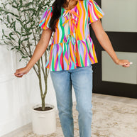 Chromatide Puff Sleeve Blouse in Mint/Orange-Womens-Ave Shops-[option4]-[option5]-[option6]-[option7]-[option8]-Shop-Boutique-Clothing-for-Women-Online