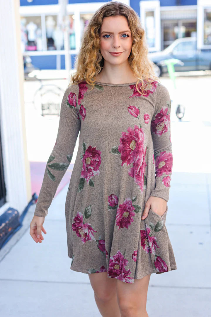 True Love Taupe & French Rose Floral Print Long Sleeve Dress-Beeson River-[option4]-[option5]-[option6]-[option7]-[option8]-Shop-Boutique-Clothing-for-Women-Online