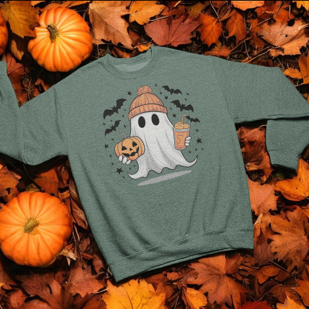 Retro Coffee Ghost Graphic Sweatshirt-Graphic Sweatshirt-Tea Shirt Shoppe-S-Heather Forest-[option4]-[option5]-[option6]-[option7]-[option8]-Shop-Boutique-Clothing-for-Women-Online