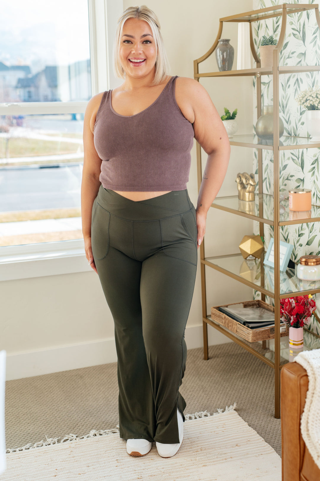 Rae Mode On the Move V Front Flare Leggings in Olive-Athleisure-Ave Shops-[option4]-[option5]-[option6]-[option7]-[option8]-Shop-Boutique-Clothing-for-Women-Online