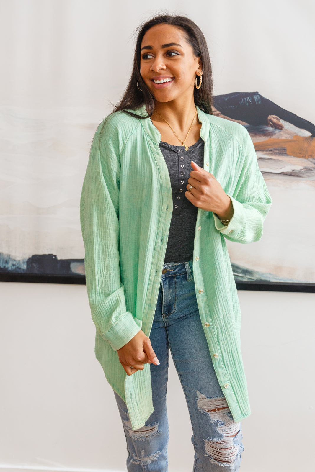 Corey Button Up Top In Vintage Green-Tops-Ave Shops-[option4]-[option5]-[option6]-[option7]-[option8]-Shop-Boutique-Clothing-for-Women-Online