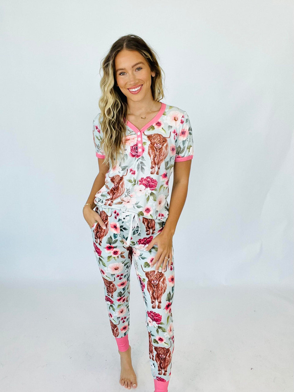 Shirley & Stone Matching Short Sleeve Jogger Pajama Set - Cow Flora-Preorder Close 02.23.2024-Shirley & Stone-[option4]-[option5]-[option6]-[option7]-[option8]-Shop-Boutique-Clothing-for-Women-Online