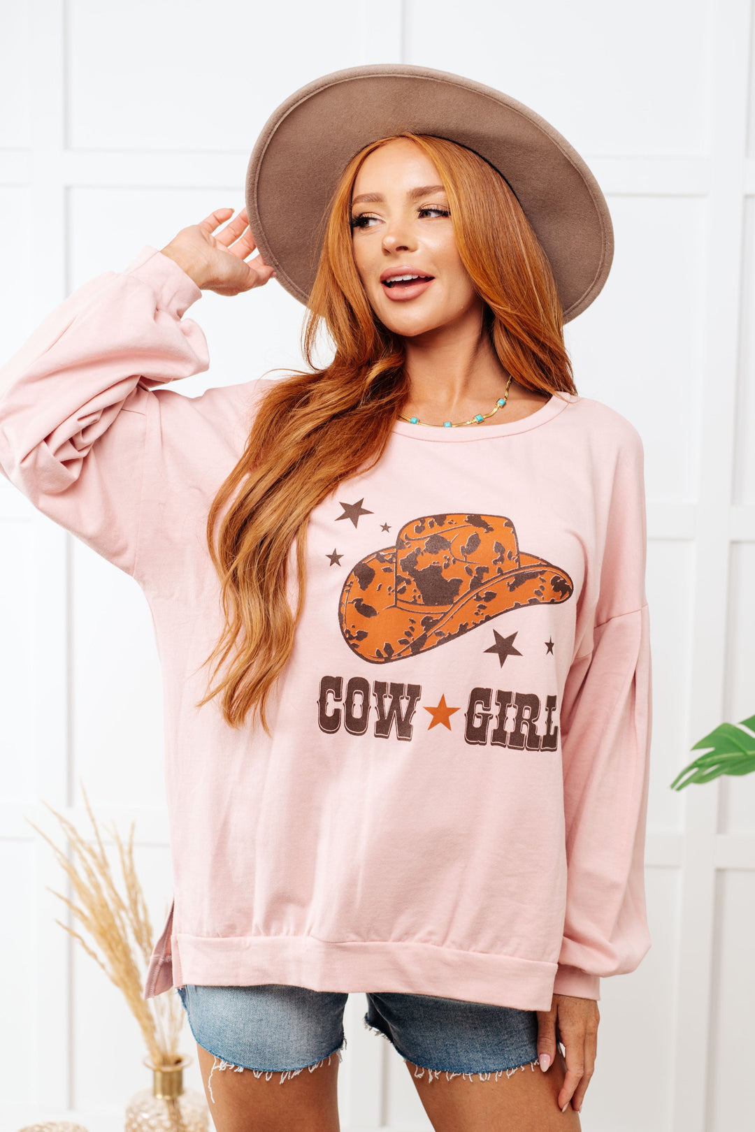 Cow Girl Graphic Pullover in Dusty Pink-Tops-Ave Shops-[option4]-[option5]-[option6]-[option7]-[option8]-Shop-Boutique-Clothing-for-Women-Online