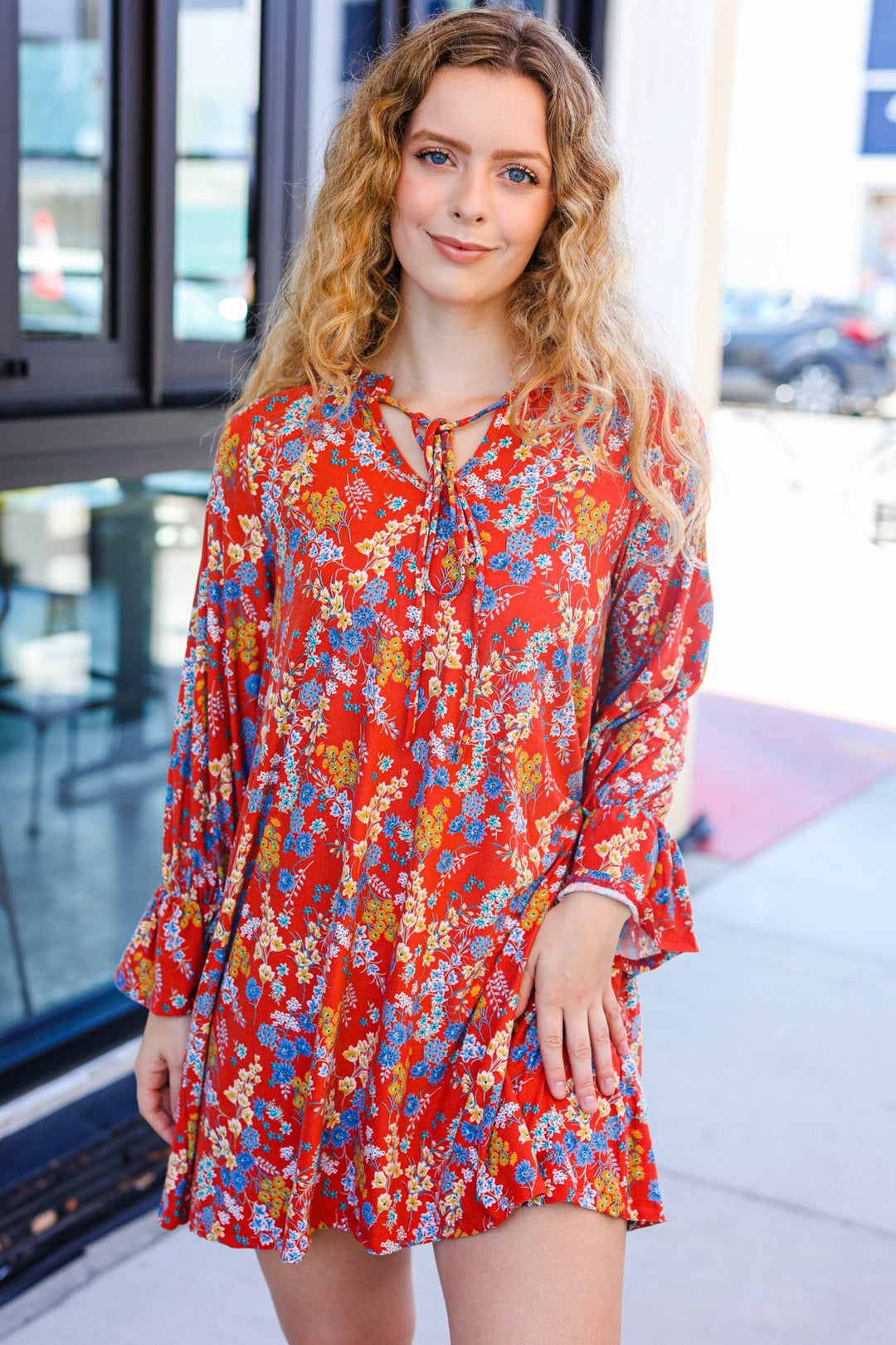 Under Your Spell Rust Floral Tie Front Elastic Bell Sleeve Dress-Beeson River-[option4]-[option5]-[option6]-[option7]-[option8]-Shop-Boutique-Clothing-for-Women-Online