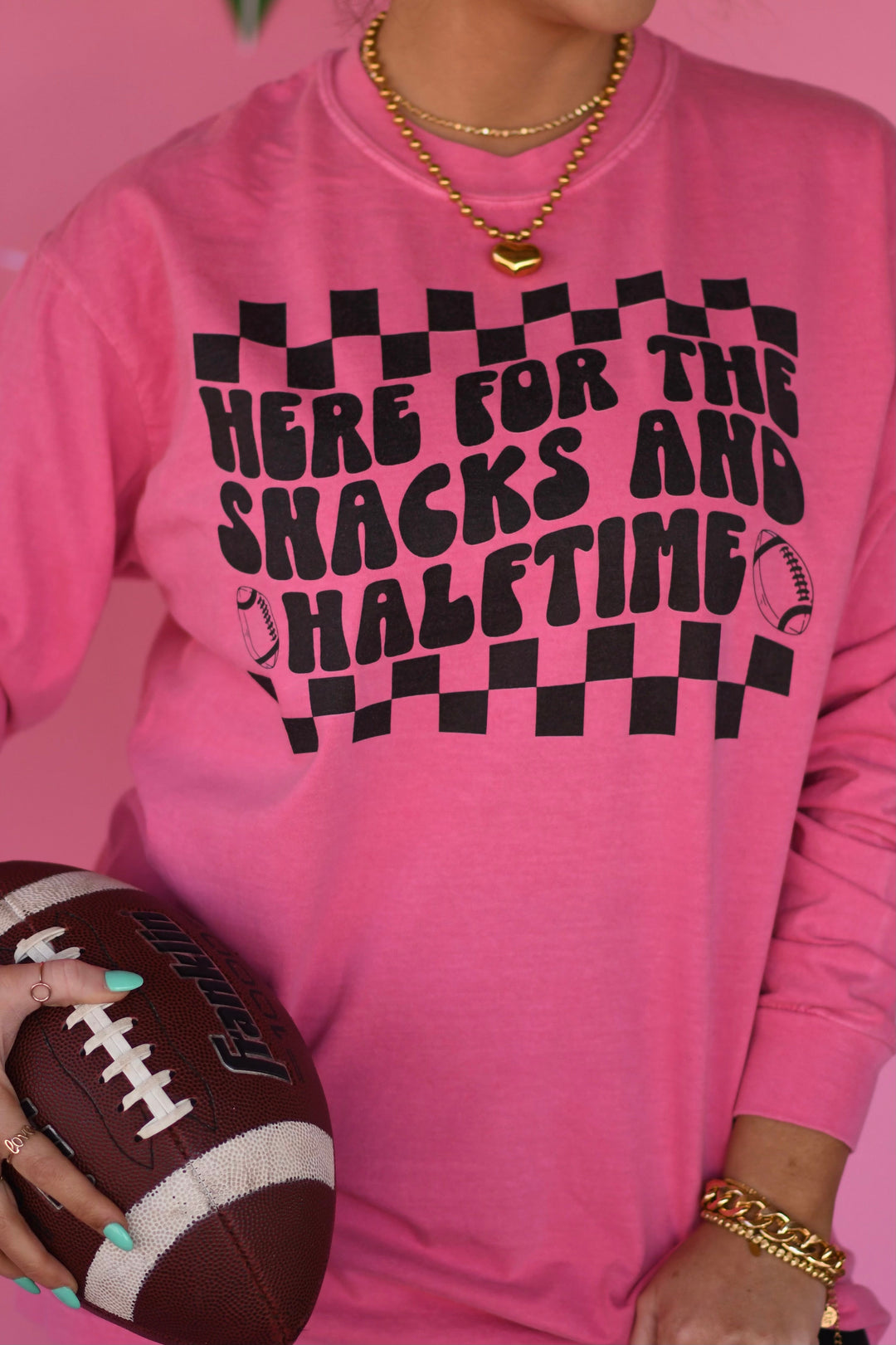 PREORDER: Pink Here For The Snacks And Halftime Tee/Long Sleeve Tee-P&PD Wholesale-[option4]-[option5]-[option6]-[option7]-[option8]-Shop-Boutique-Clothing-for-Women-Online