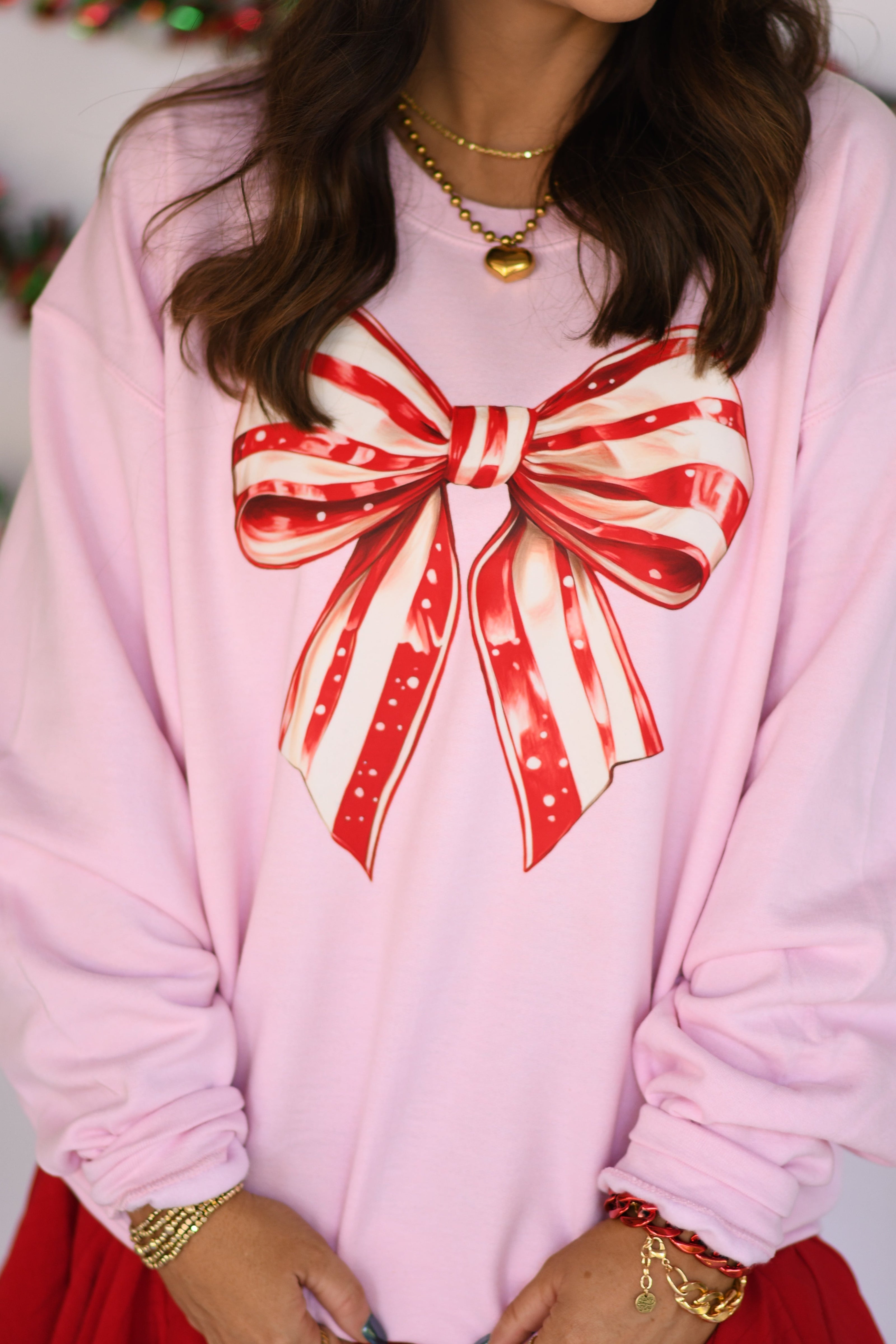 Candy Cane Bow Sweatshirt-P&PD Wholesale-[option4]-[option5]-[option6]-[option7]-[option8]-Shop-Boutique-Clothing-for-Women-Online