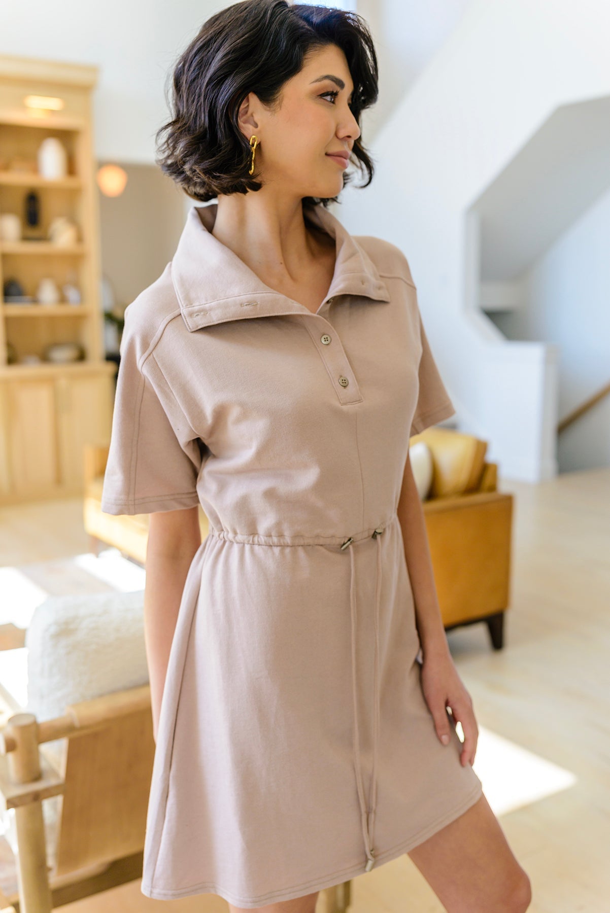 Darla Button Up Collared Dress in Taupe-Dresses-Ave Shops-[option4]-[option5]-[option6]-[option7]-[option8]-Shop-Boutique-Clothing-for-Women-Online