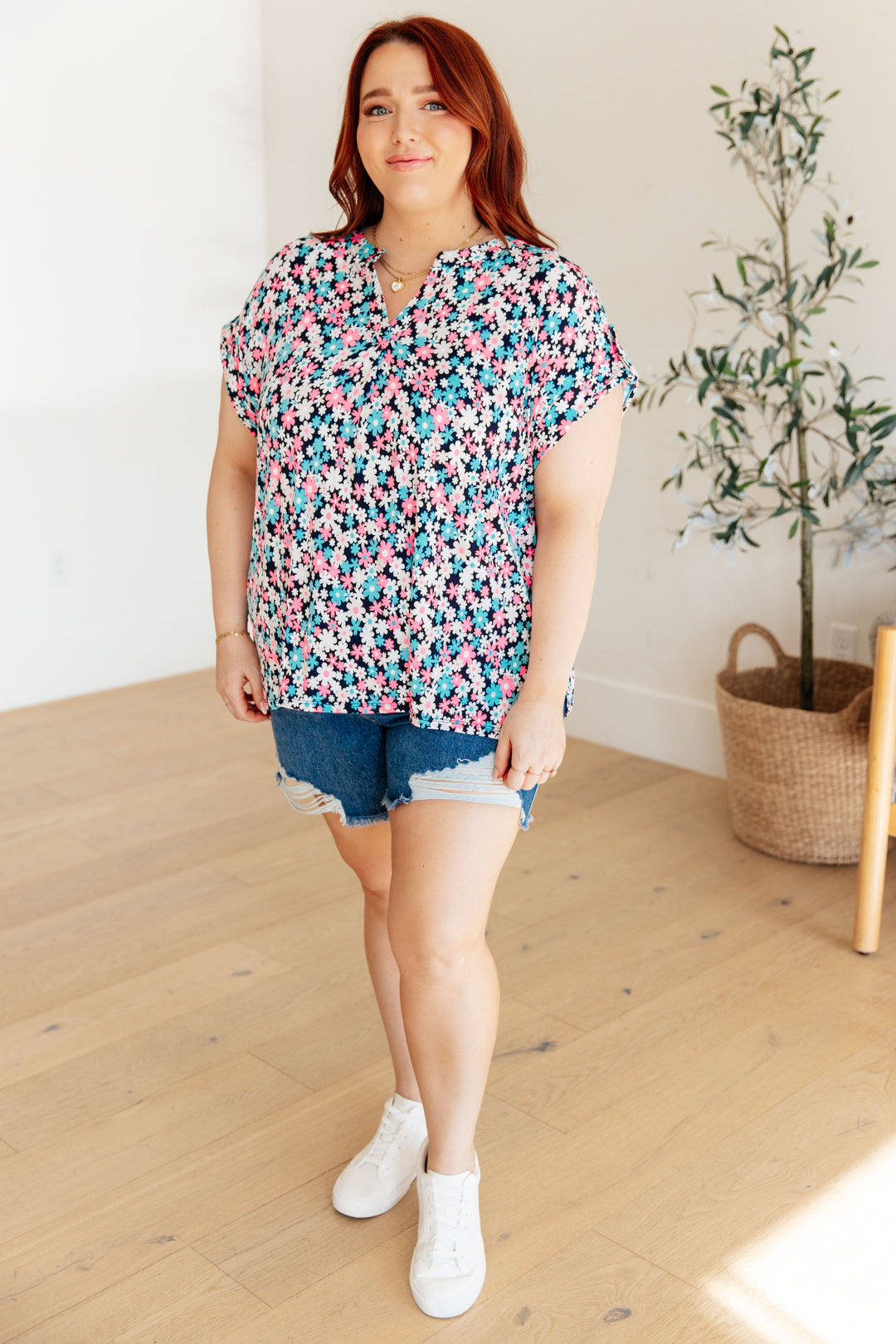 Lizzy Cap Sleeve Top in Navy and Hot Pink Floral-Tops-Ave Shops-[option4]-[option5]-[option6]-[option7]-[option8]-Shop-Boutique-Clothing-for-Women-Online