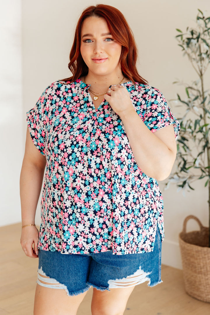 Lizzy Cap Sleeve Top in Navy and Hot Pink Floral-Tops-Ave Shops-[option4]-[option5]-[option6]-[option7]-[option8]-Shop-Boutique-Clothing-for-Women-Online