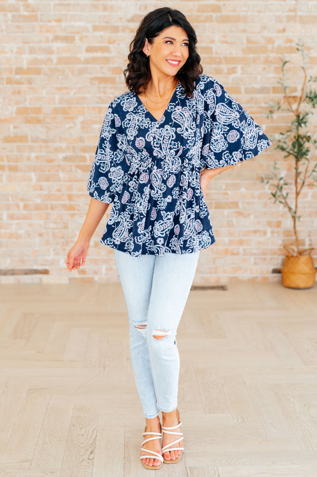 Dreamer Peplum Top in Navy and Pink Paisley-Tops-Ave Shops-[option4]-[option5]-[option6]-[option7]-[option8]-Shop-Boutique-Clothing-for-Women-Online