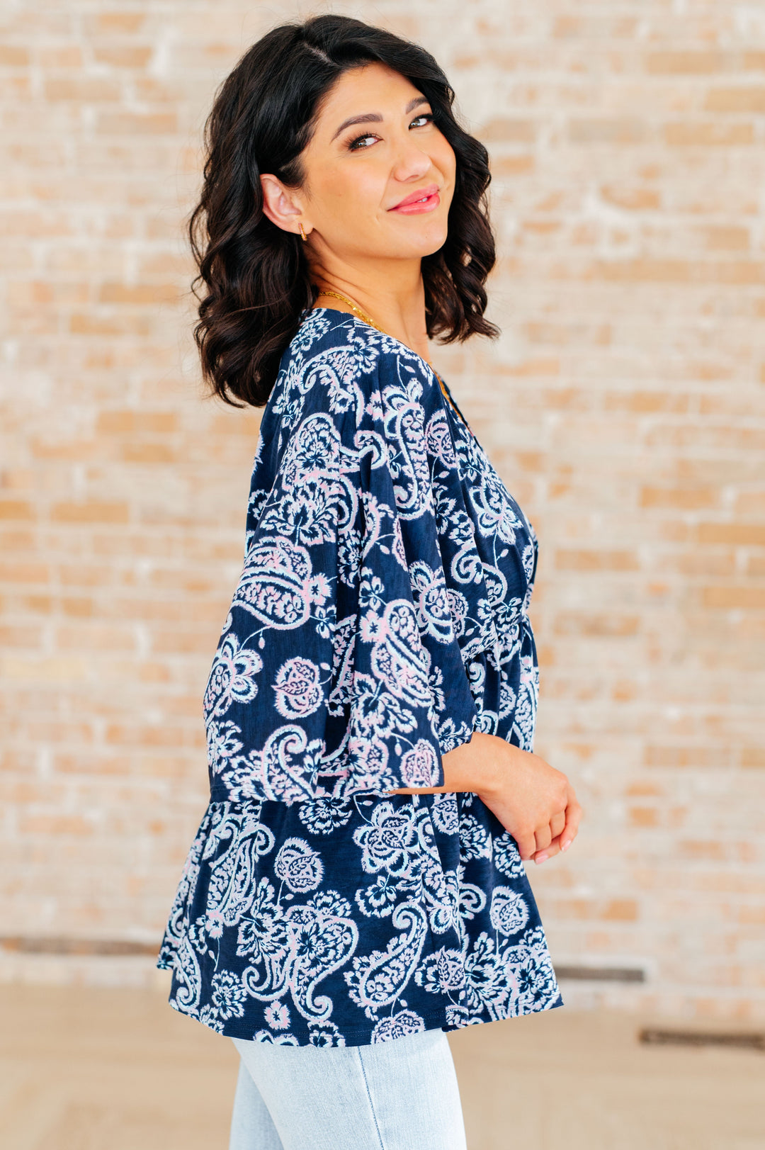 Dreamer Peplum Top in Navy and Pink Paisley-Tops-Ave Shops-[option4]-[option5]-[option6]-[option7]-[option8]-Shop-Boutique-Clothing-for-Women-Online