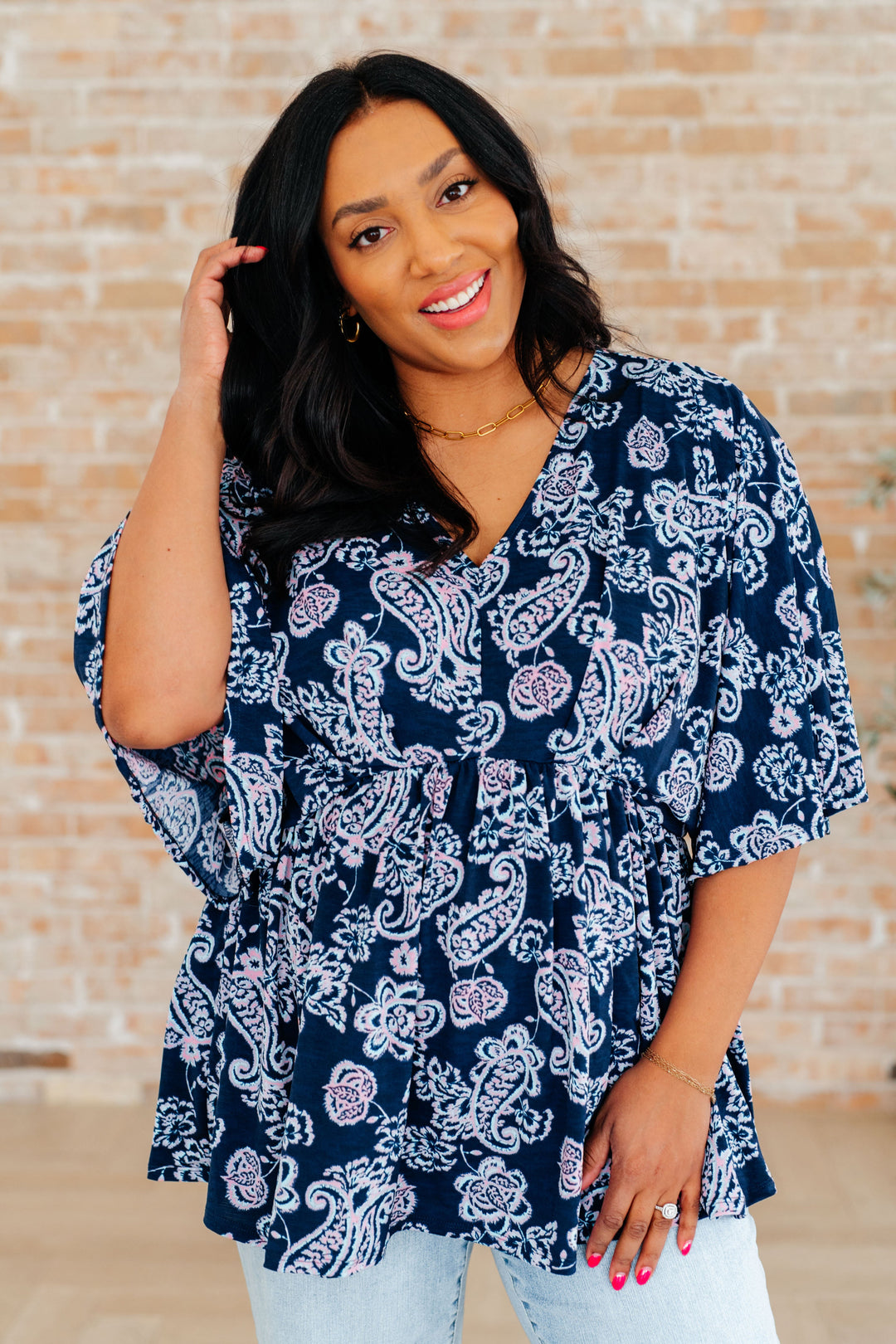 Dreamer Peplum Top in Navy and Pink Paisley-Tops-Ave Shops-[option4]-[option5]-[option6]-[option7]-[option8]-Shop-Boutique-Clothing-for-Women-Online