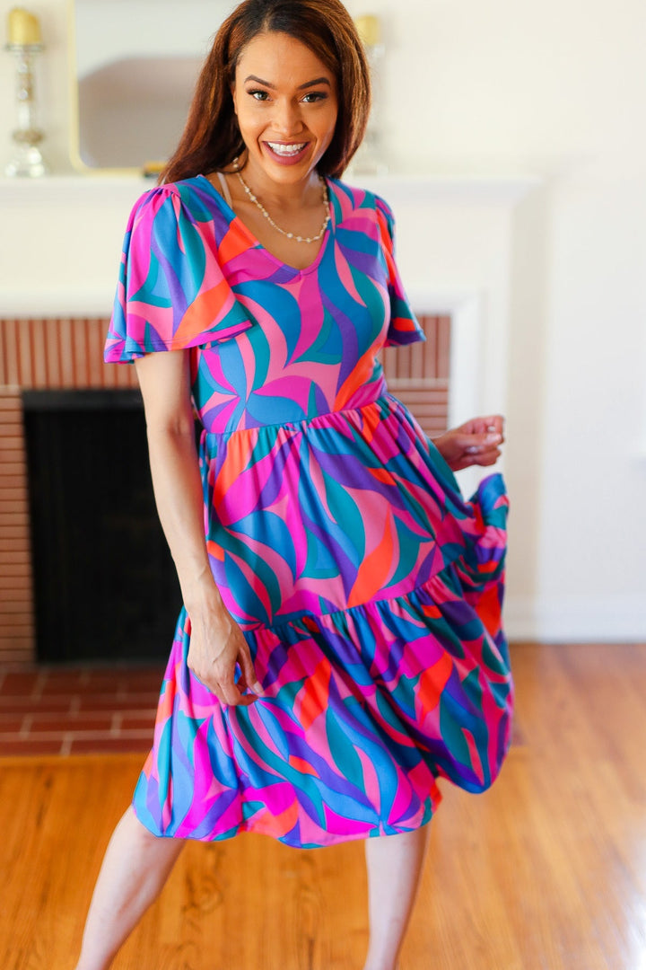 Remember Me Blue & Fuchsia Geo Print V Neck Dress-Haptics-[option4]-[option5]-[option6]-[option7]-[option8]-Shop-Boutique-Clothing-for-Women-Online