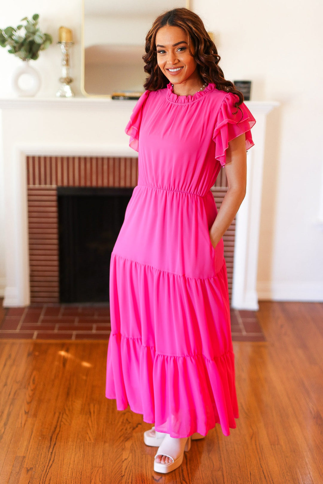 Perfectly You Hot Pink Mock Neck Tiered Chiffon Maxi Dress-Haptics-[option4]-[option5]-[option6]-[option7]-[option8]-Shop-Boutique-Clothing-for-Women-Online