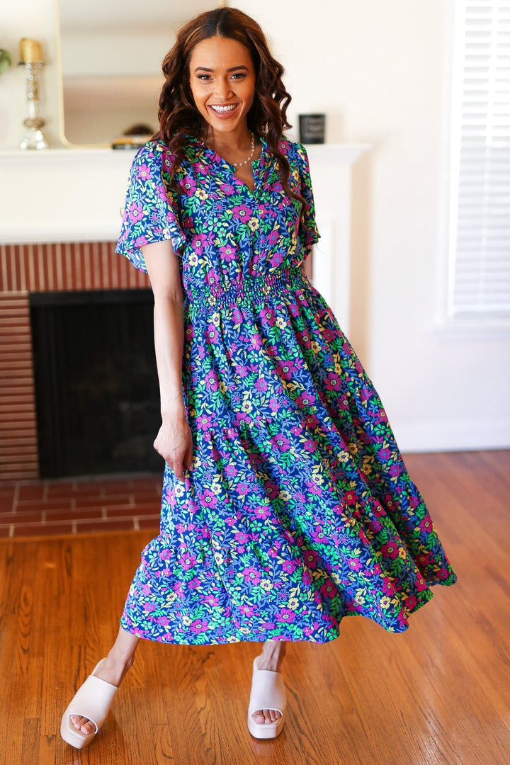 Eyes On You Navy Neon Floral Smocked Waist Maxi Dress-The Bee Chic Boutique-[option4]-[option5]-[option6]-[option7]-[option8]-Shop-Boutique-Clothing-for-Women-Online