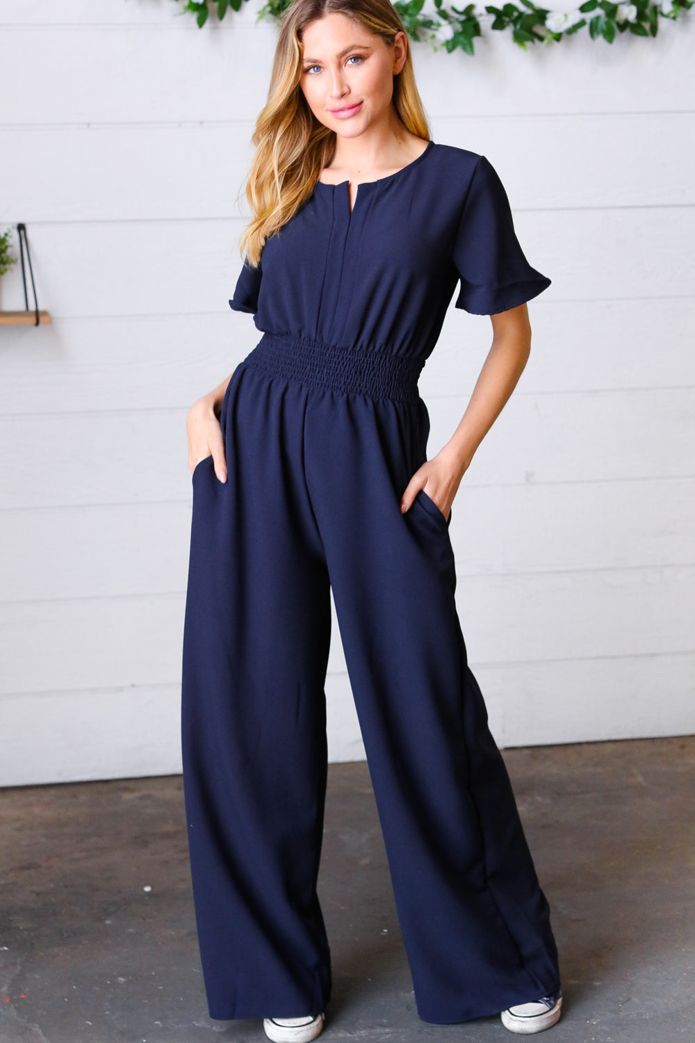 Dark Blue Smocked Waist Notch Neck Crepe Jumpsuit-Haptics-[option4]-[option5]-[option6]-[option7]-[option8]-Shop-Boutique-Clothing-for-Women-Online