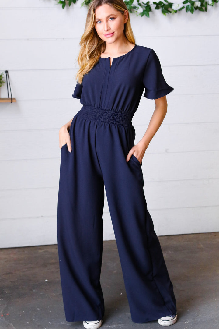 Dark Blue Smocked Waist Notch Neck Crepe Jumpsuit-Haptics-3x-[option4]-[option5]-[option6]-[option7]-[option8]-Shop-Boutique-Clothing-for-Women-Online