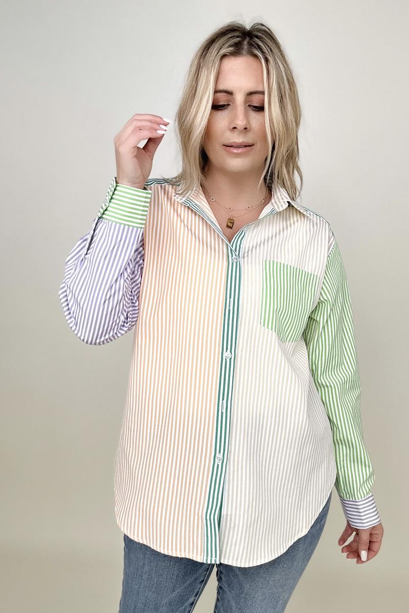 Davi & Dani Multicolor Mixed Stripe Button Front Top-Blouses-Kiwidrop-[option4]-[option5]-[option6]-[option7]-[option8]-Shop-Boutique-Clothing-for-Women-Online