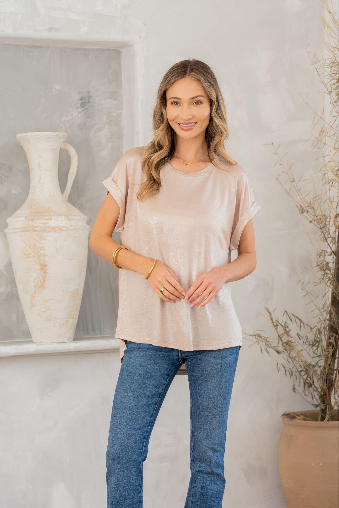 Shimmer Cuffed Top in Taupe-Womens-Ave Shops-[option4]-[option5]-[option6]-[option7]-[option8]-Shop-Boutique-Clothing-for-Women-Online