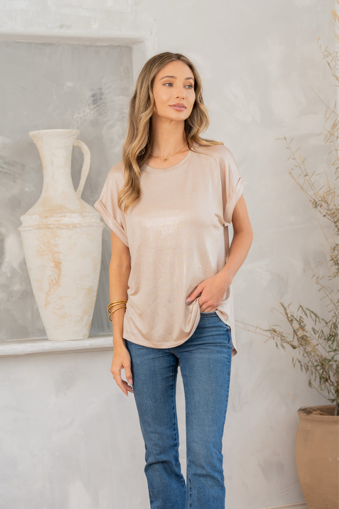 Shimmer Cuffed Top in Taupe-Womens-Ave Shops-[option4]-[option5]-[option6]-[option7]-[option8]-Shop-Boutique-Clothing-for-Women-Online