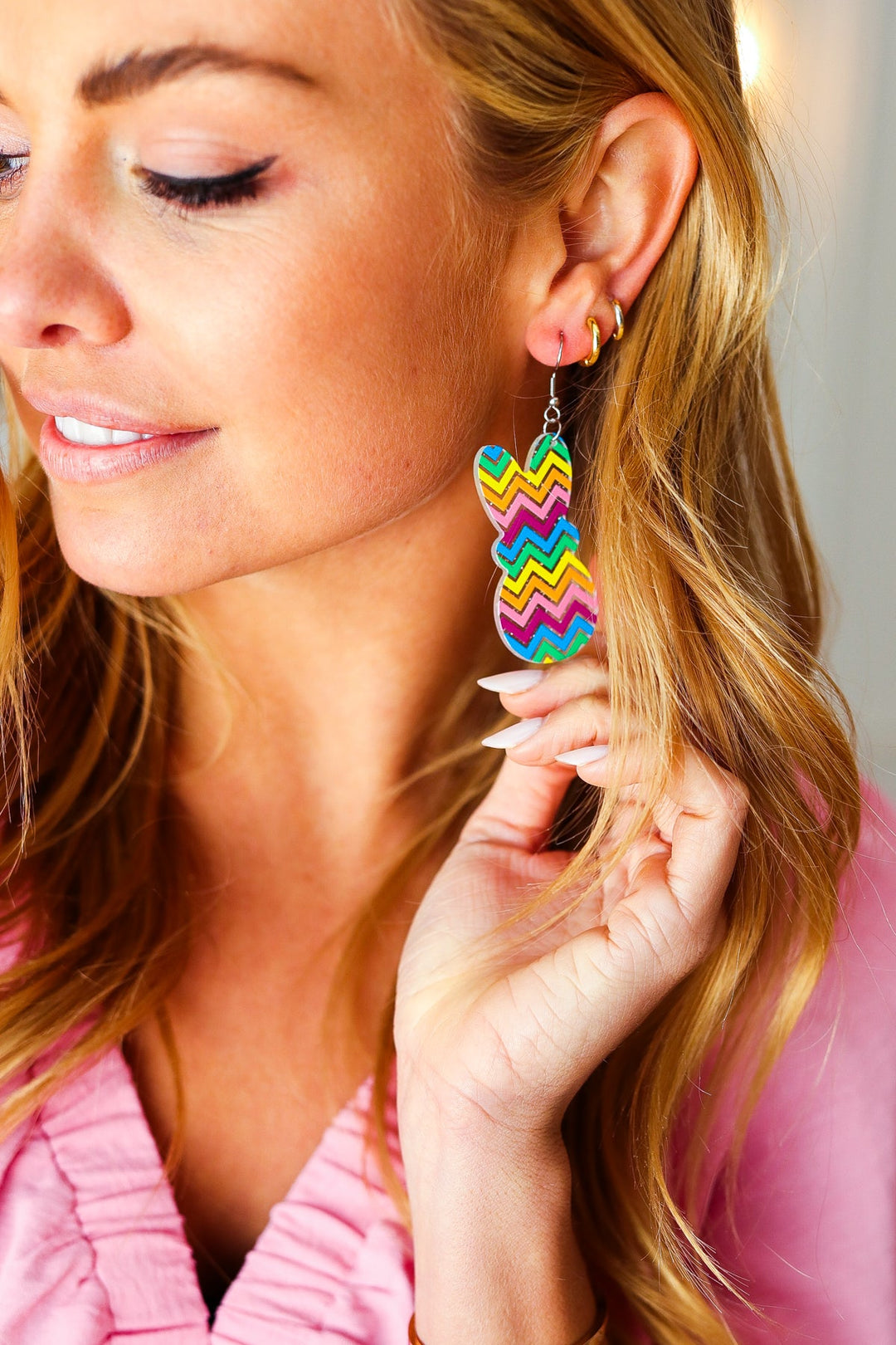 Rainbow Chevron Easter Bunny Dangle Earrings-Influence-One Size Fits All-[option4]-[option5]-[option6]-[option7]-[option8]-Shop-Boutique-Clothing-for-Women-Online