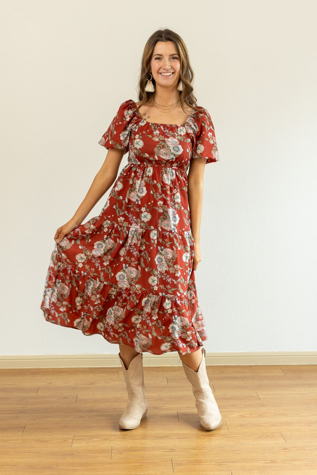 Elizabeth Midi Dress in Rust and Floral-Dresses-Ave Shops-[option4]-[option5]-[option6]-[option7]-[option8]-Shop-Boutique-Clothing-for-Women-Online