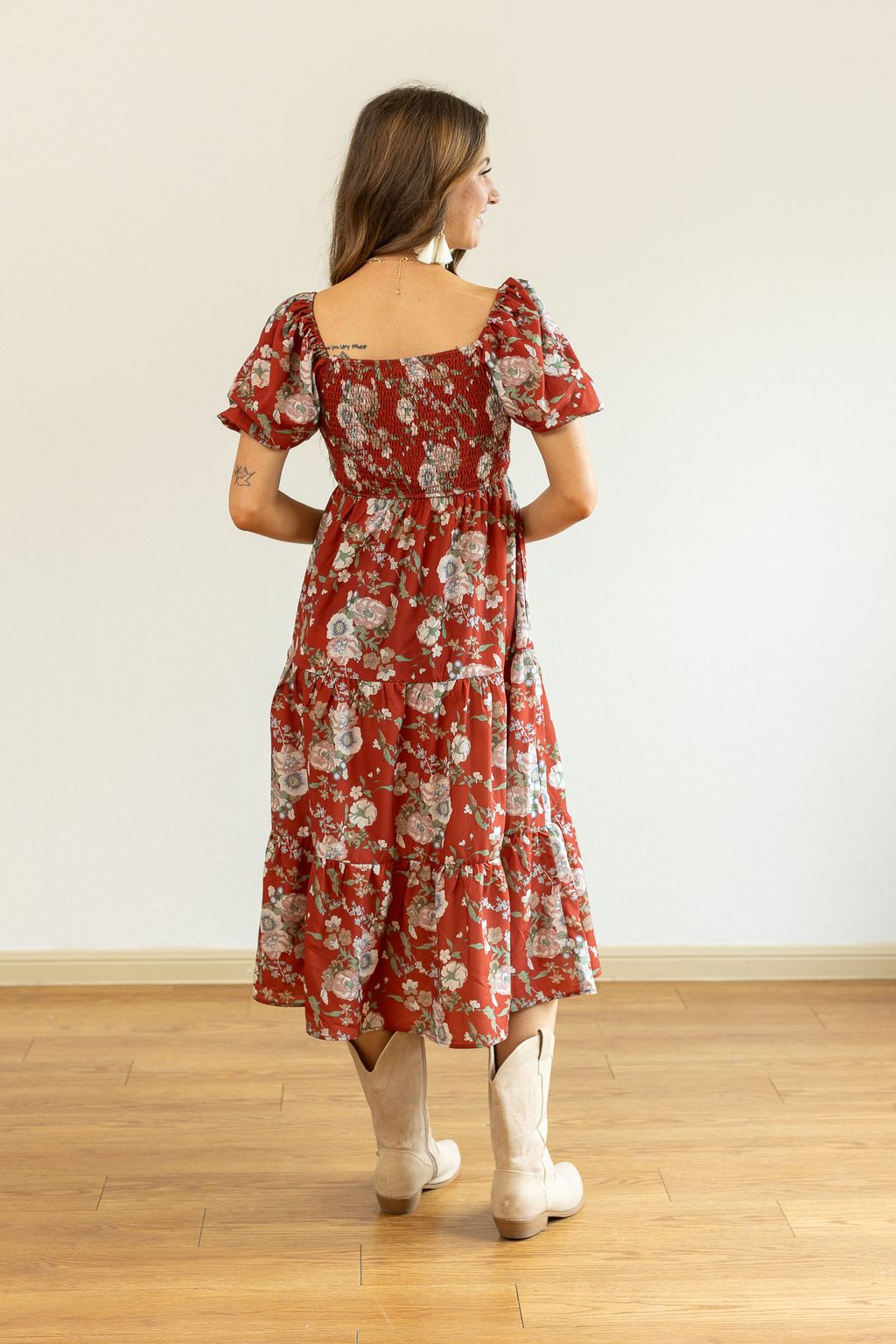 Elizabeth Midi Dress in Rust and Floral-Dresses-Ave Shops-[option4]-[option5]-[option6]-[option7]-[option8]-Shop-Boutique-Clothing-for-Women-Online