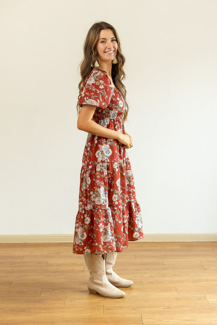 Elizabeth Midi Dress in Rust and Floral-Dresses-Ave Shops-[option4]-[option5]-[option6]-[option7]-[option8]-Shop-Boutique-Clothing-for-Women-Online