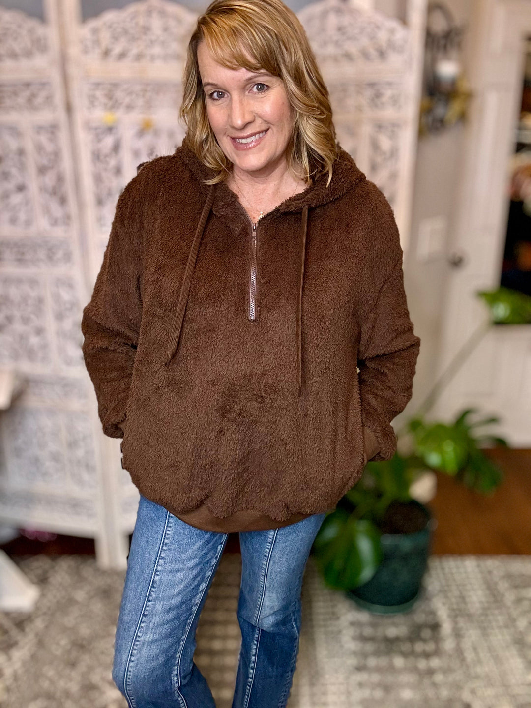 Quarter-Zip Drawstring Teddy Hoodie-The Bee Chic Boutique-[option4]-[option5]-[option6]-[option7]-[option8]-Shop-Boutique-Clothing-for-Women-Online