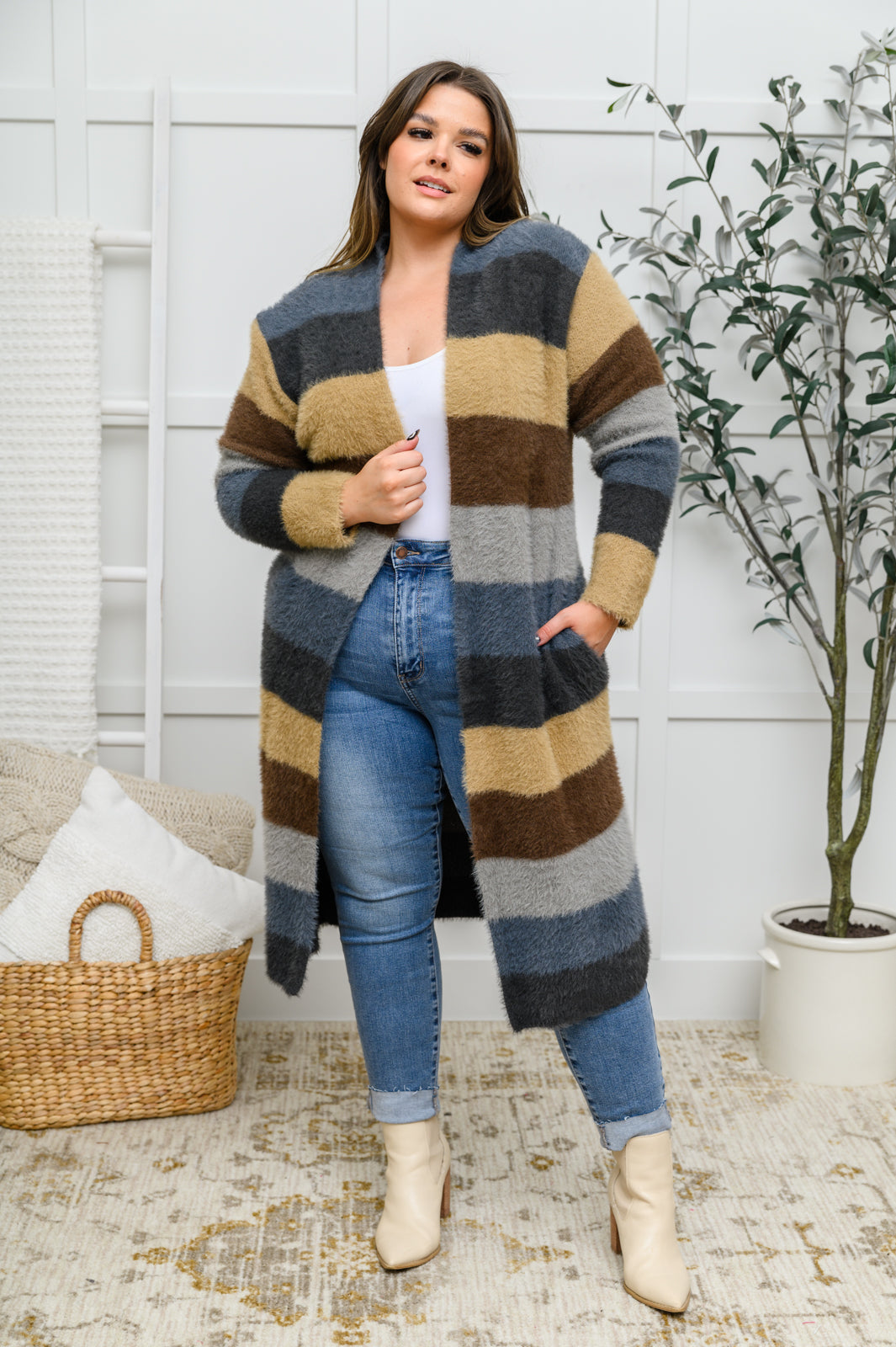 Fuzzy Longline Cardigan In Blue & Cocoa-Womens-Ave Shops-[option4]-[option5]-[option6]-[option7]-[option8]-Shop-Boutique-Clothing-for-Women-Online