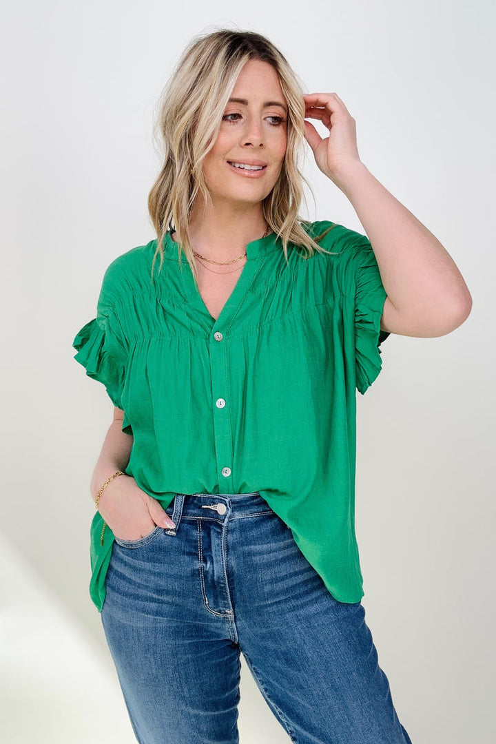 Cozy Co Woven Button Down Ruffle Sleeve Top-Blouses-Kiwidrop-[option4]-[option5]-[option6]-[option7]-[option8]-Shop-Boutique-Clothing-for-Women-Online