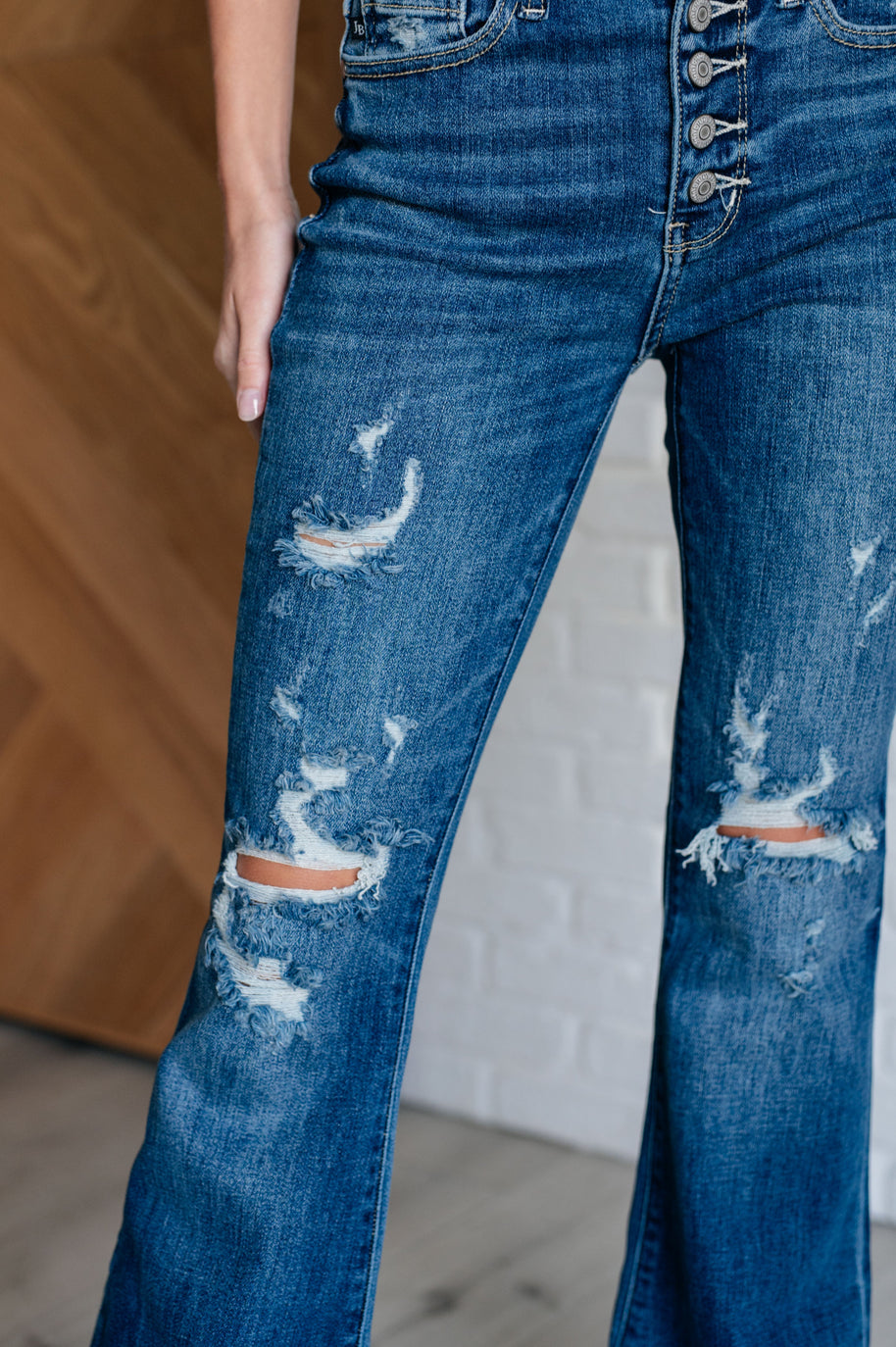 Judy Blue Gabriella Mid Rise Distressed Button Fly Flare-Womens-Ave Shops-[option4]-[option5]-[option6]-[option7]-[option8]-Shop-Boutique-Clothing-for-Women-Online
