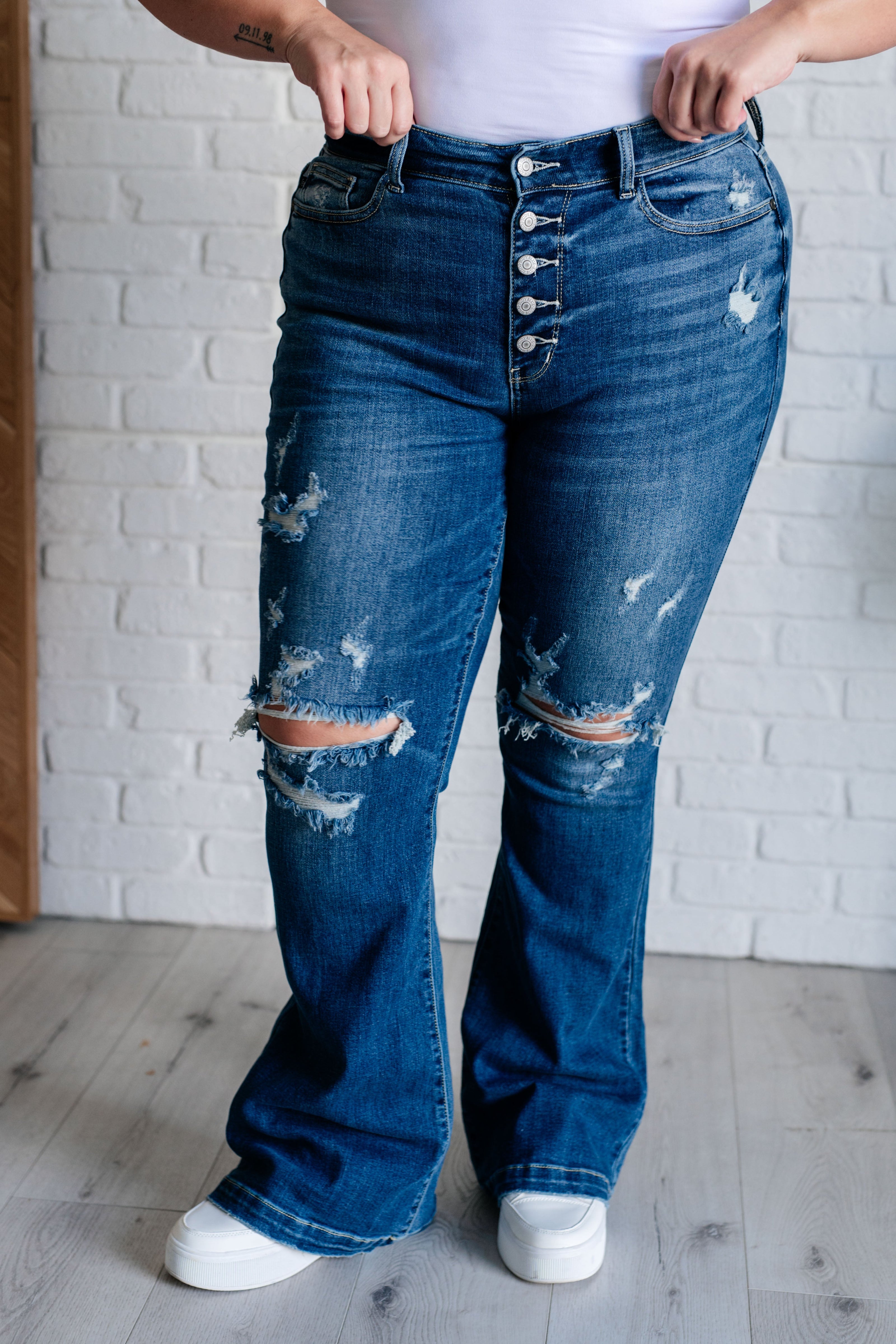 Judy Blue Gabriella Mid Rise Distressed Button Fly Flare-Womens-Ave Shops-[option4]-[option5]-[option6]-[option7]-[option8]-Shop-Boutique-Clothing-for-Women-Online