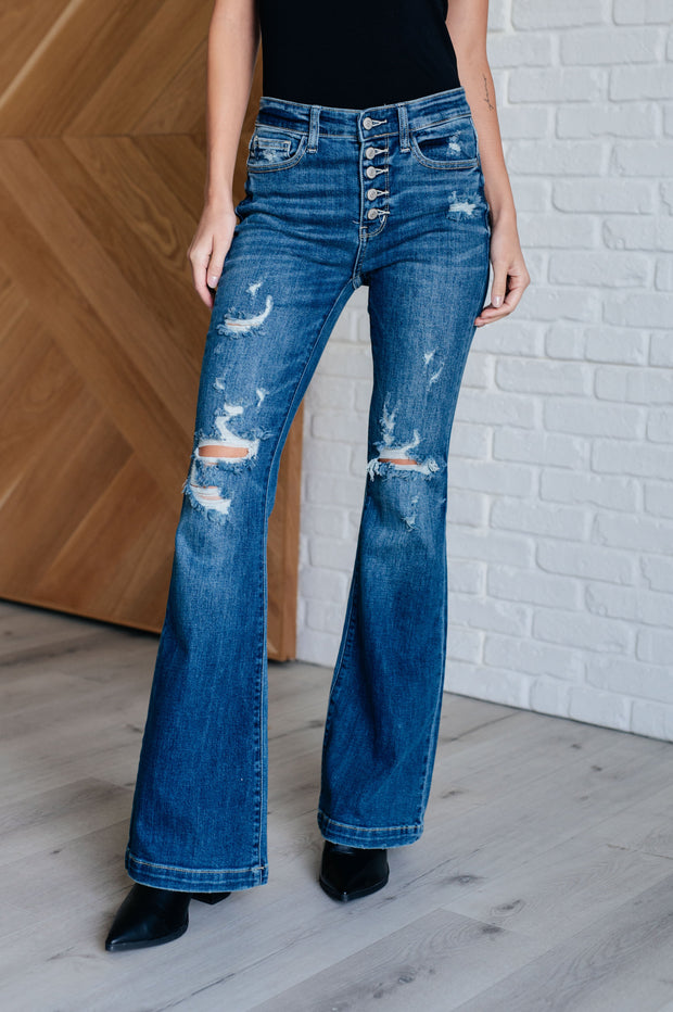 Judy Blue Gabriella Mid Rise Distressed Button Fly Flare-Womens-Ave Shops-[option4]-[option5]-[option6]-[option7]-[option8]-Shop-Boutique-Clothing-for-Women-Online