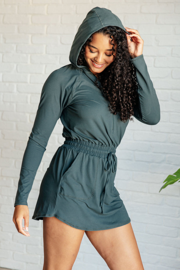 Getting Out Long Sleeve Hoodie Romper in Smoked Spruce-Jumpsuits & Rompers-Ave Shops-[option4]-[option5]-[option6]-[option7]-[option8]-Shop-Boutique-Clothing-for-Women-Online