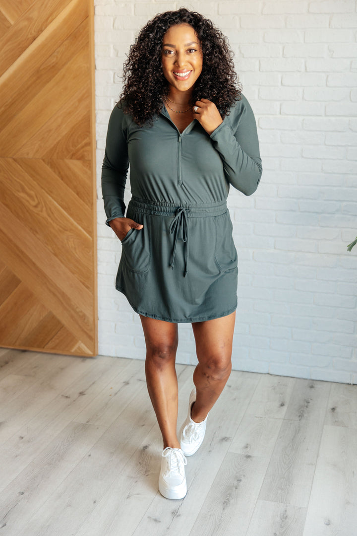 Getting Out Long Sleeve Hoodie Romper in Smoked Spruce-Jumpsuits & Rompers-Ave Shops-[option4]-[option5]-[option6]-[option7]-[option8]-Shop-Boutique-Clothing-for-Women-Online