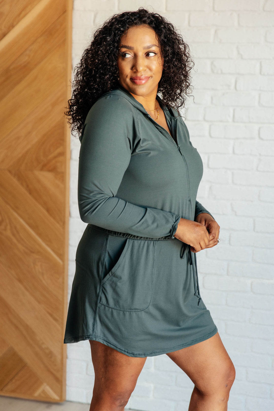 Getting Out Long Sleeve Hoodie Romper in Smoked Spruce-Jumpsuits & Rompers-Ave Shops-[option4]-[option5]-[option6]-[option7]-[option8]-Shop-Boutique-Clothing-for-Women-Online