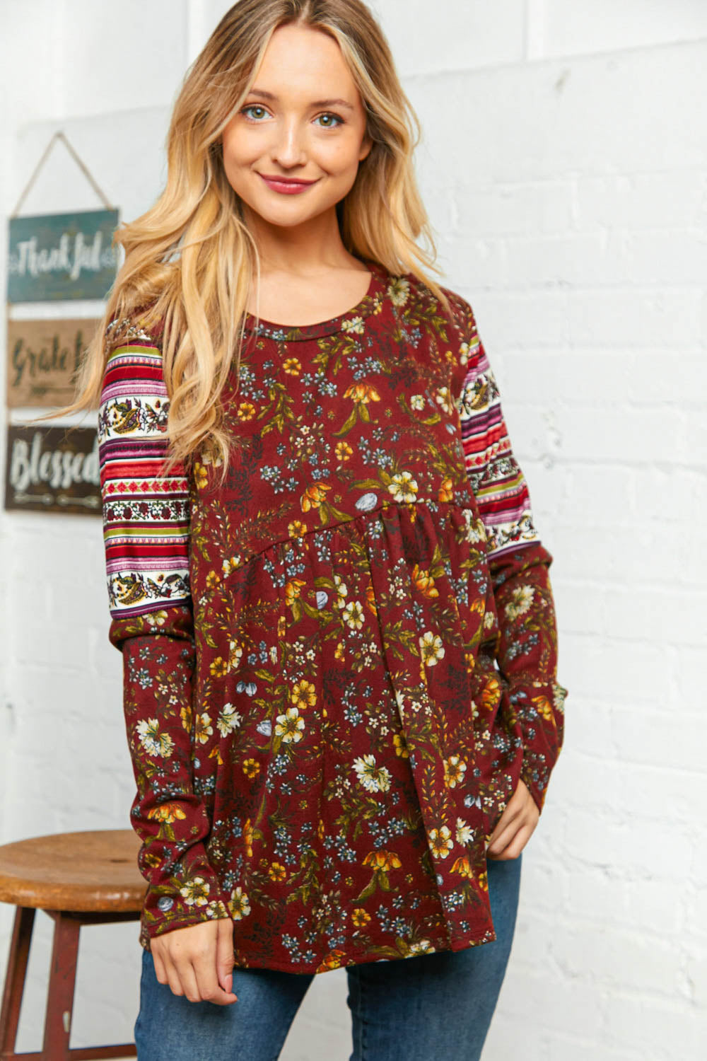 Burgundy Hacci Babydoll Ethnic Sleeve Top-Haptics-Small-[option4]-[option5]-[option6]-[option7]-[option8]-Shop-Boutique-Clothing-for-Women-Online