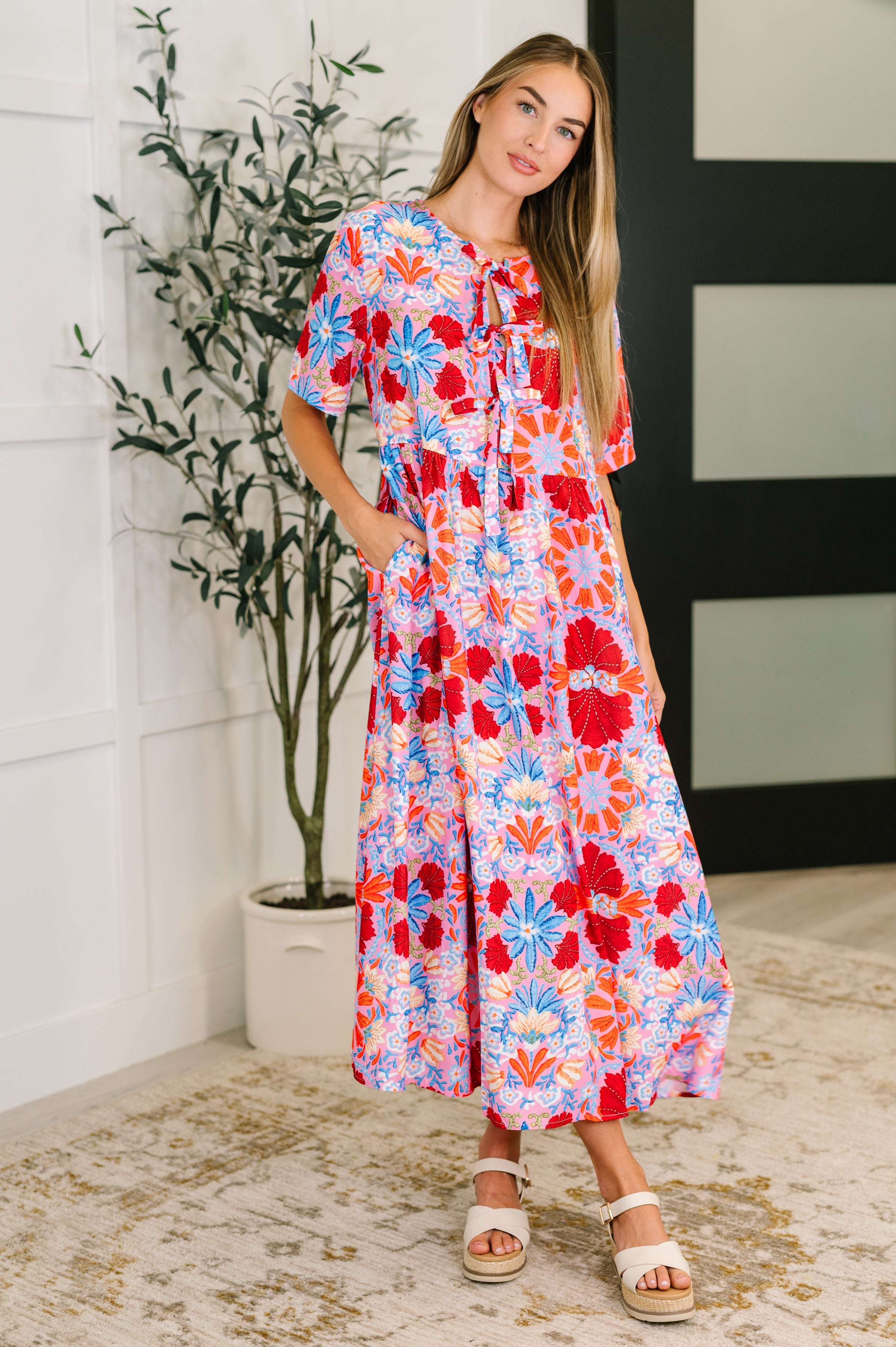 PREORDER: Half Sleeve Poplin Woven Dress in Pink and Blue Floral-Womens-Ave Shops-[option4]-[option5]-[option6]-[option7]-[option8]-Shop-Boutique-Clothing-for-Women-Online