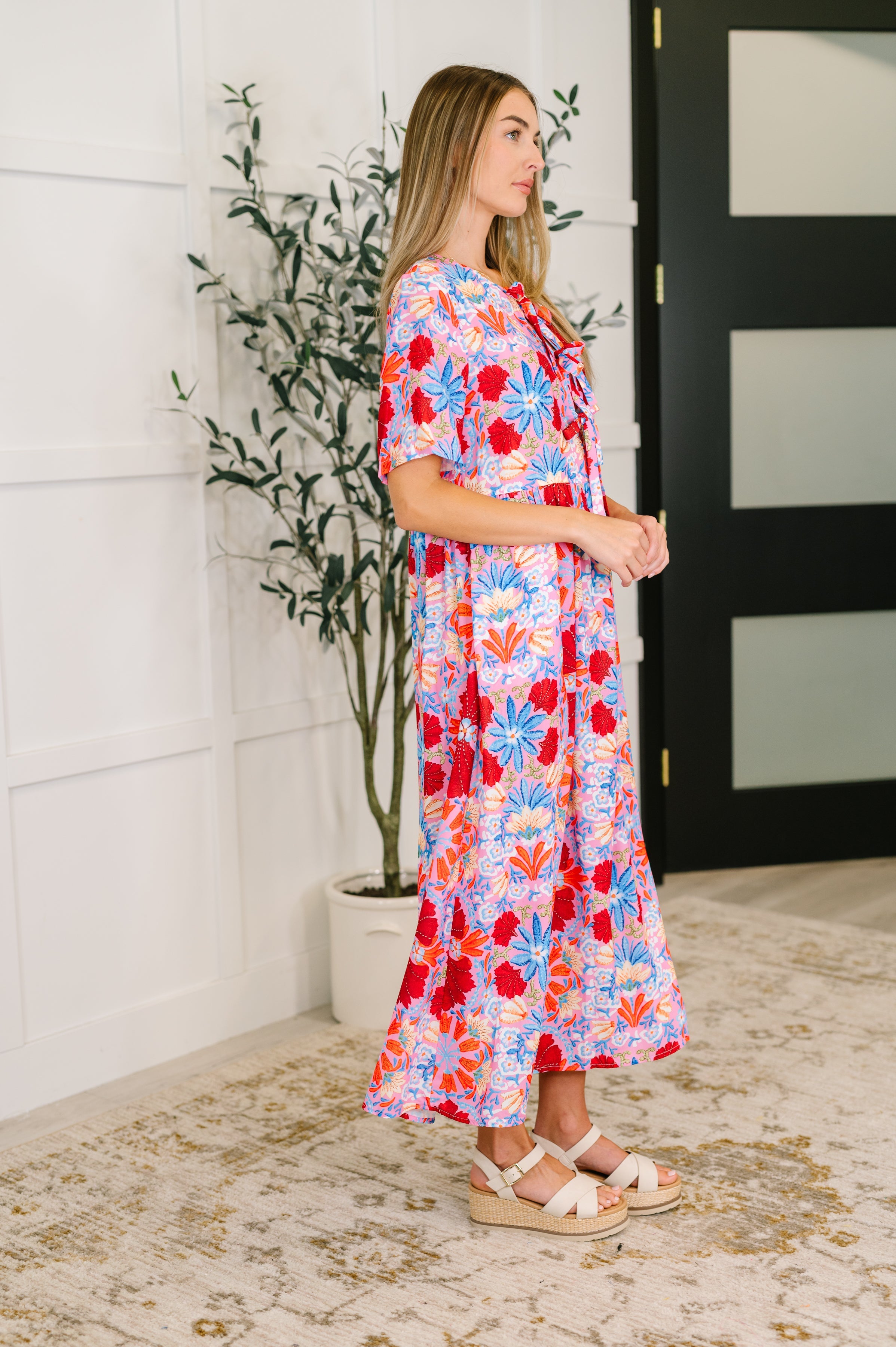 PREORDER: Half Sleeve Poplin Woven Dress in Pink and Blue Floral-Womens-Ave Shops-[option4]-[option5]-[option6]-[option7]-[option8]-Shop-Boutique-Clothing-for-Women-Online