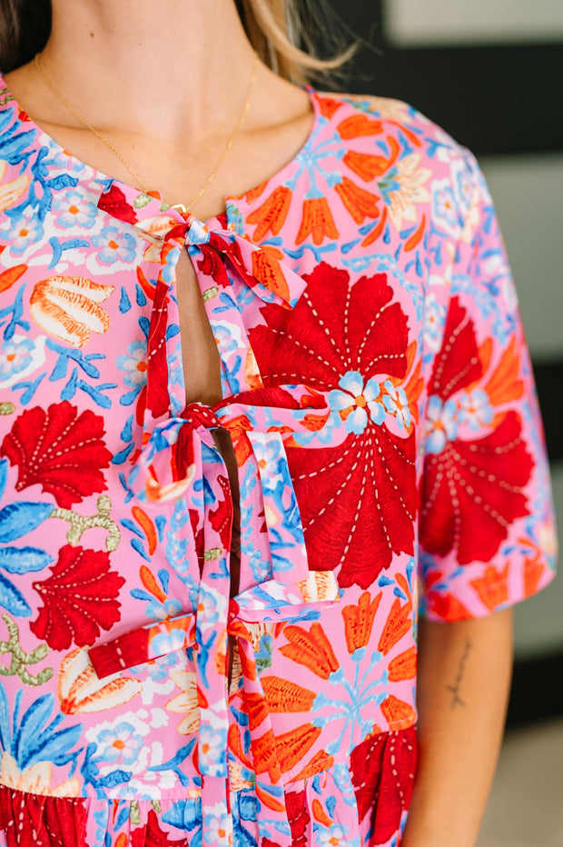 PREORDER: Half Sleeve Poplin Woven Dress in Pink and Blue Floral-Womens-Ave Shops-[option4]-[option5]-[option6]-[option7]-[option8]-Shop-Boutique-Clothing-for-Women-Online