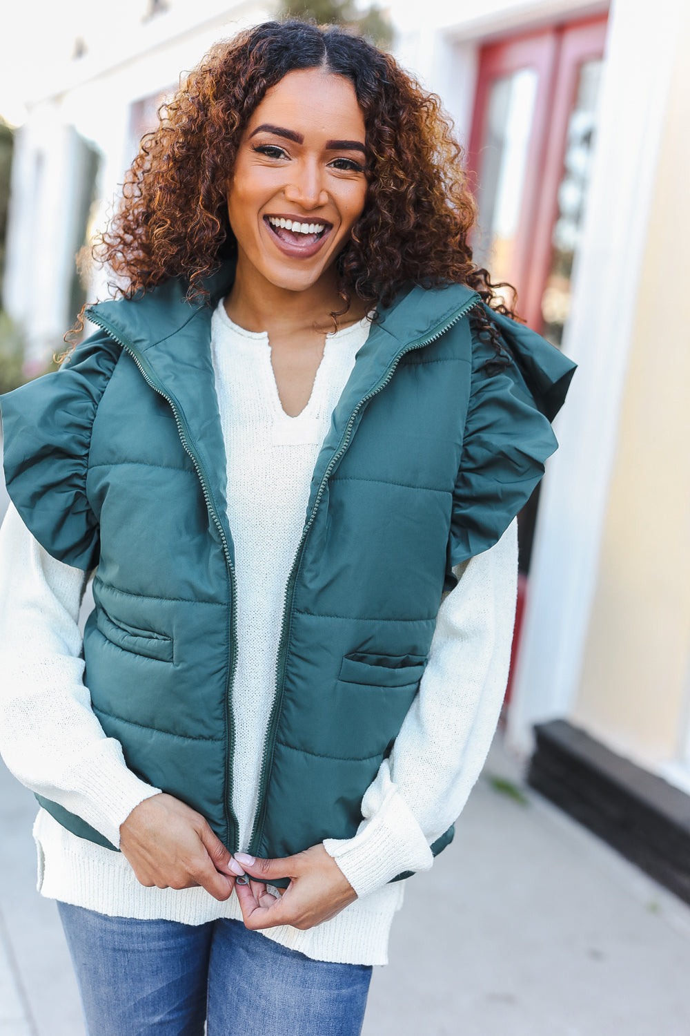 Feeling Festive Hunter Green Zipper Up Quilted Ruffle Sleeve Puffer Vest-Haptics-[option4]-[option5]-[option6]-[option7]-[option8]-Shop-Boutique-Clothing-for-Women-Online