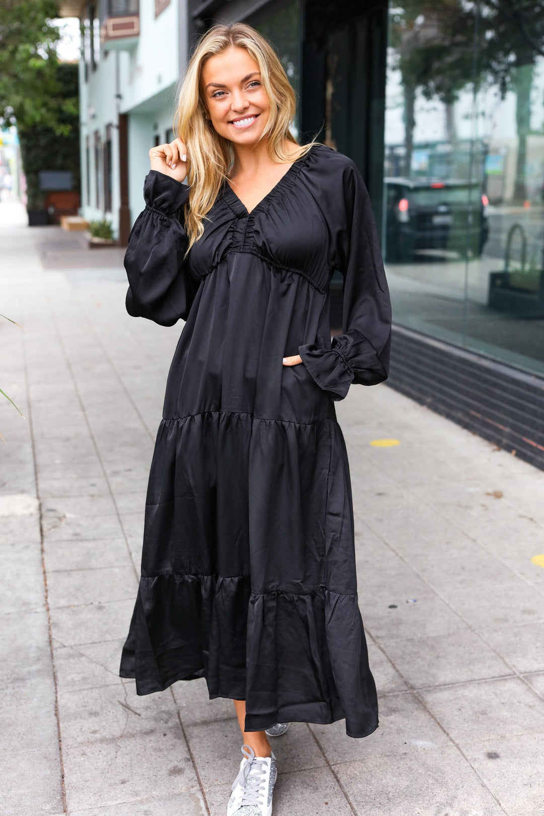 Elegant Black Elastic V Neck Tiered Satin Maxi Dress-Haptics-[option4]-[option5]-[option6]-[option7]-[option8]-Shop-Boutique-Clothing-for-Women-Online