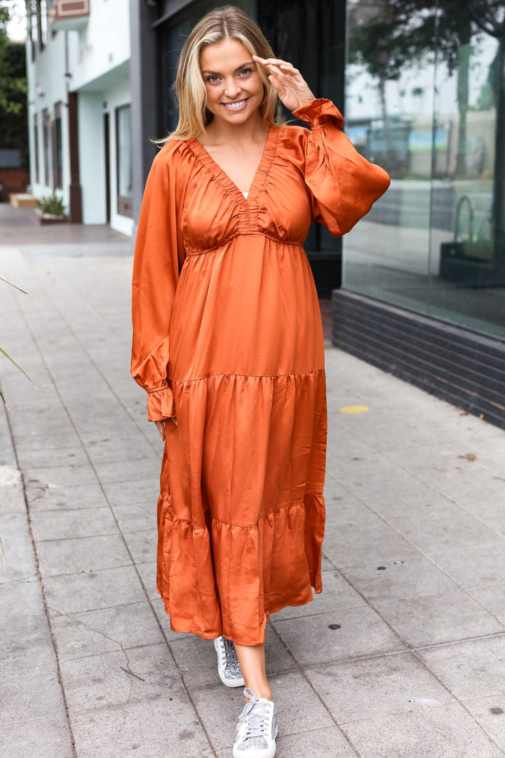 Elegant Rust Elastic V Neck Tiered Satin Maxi Dress-Haptics-[option4]-[option5]-[option6]-[option7]-[option8]-Shop-Boutique-Clothing-for-Women-Online