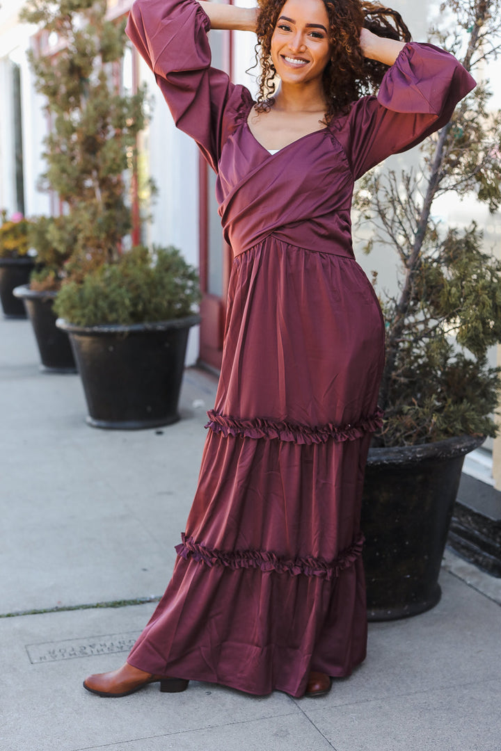 Holiday Vibes Wine Satin Front Overlap Smocked Back Maxi Dress-Haptics-[option4]-[option5]-[option6]-[option7]-[option8]-Shop-Boutique-Clothing-for-Women-Online