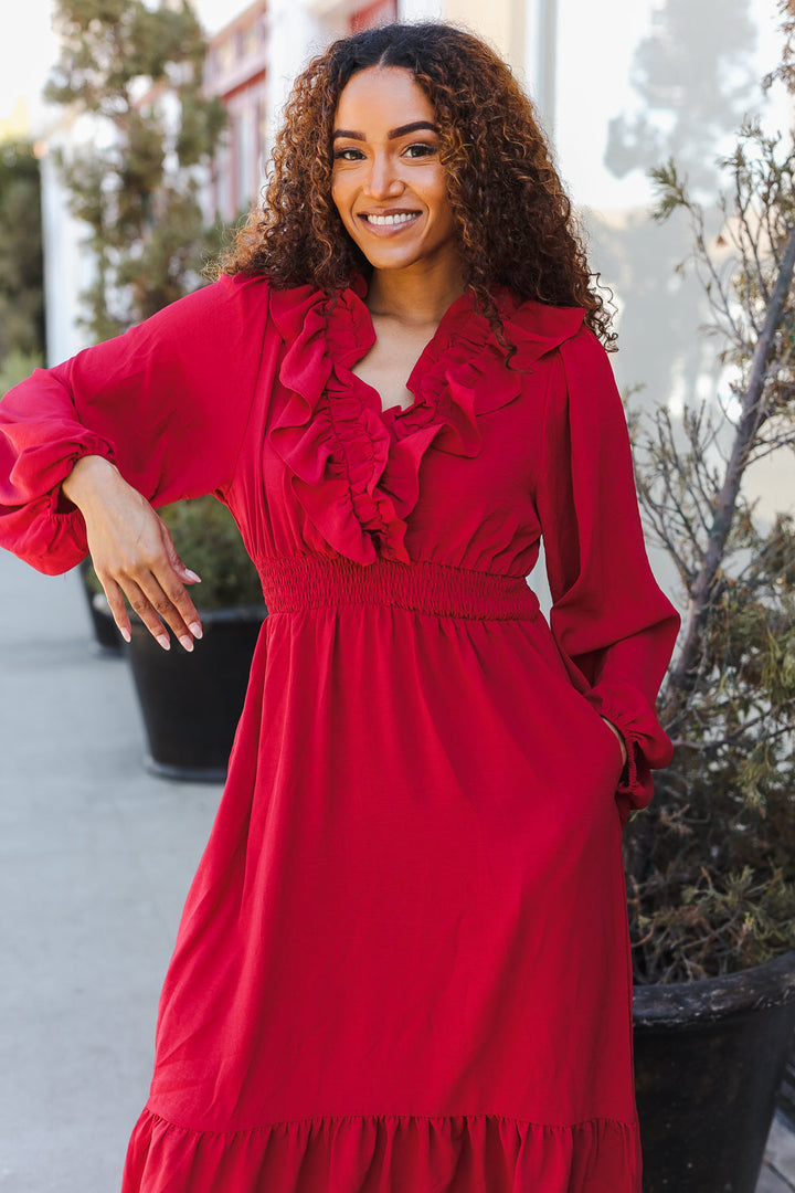 Beautiful You Holiday Red Overlap Ruffle V Neck Midi Dress-Haptics-[option4]-[option5]-[option6]-[option7]-[option8]-Shop-Boutique-Clothing-for-Women-Online