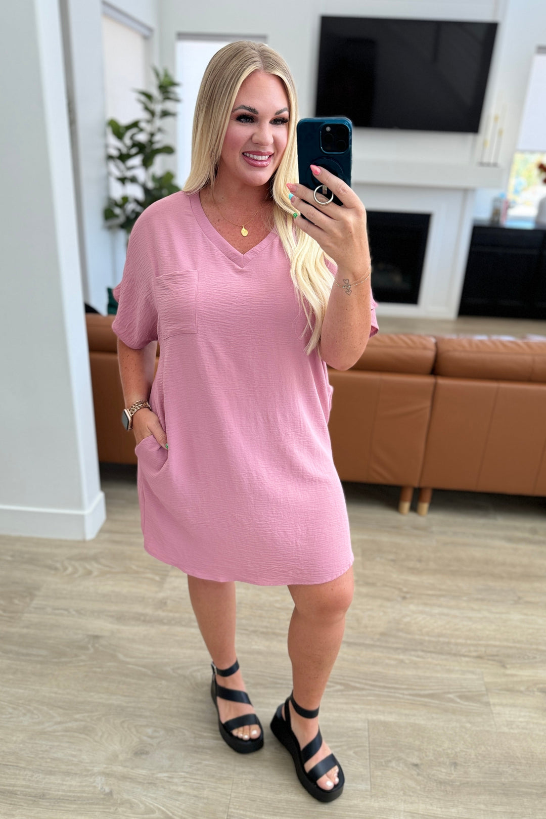 Go-Go Girl V-Neck T-Shirt Dress in Light Rose-Dresses-Ave Shops-[option4]-[option5]-[option6]-[option7]-[option8]-Shop-Boutique-Clothing-for-Women-Online